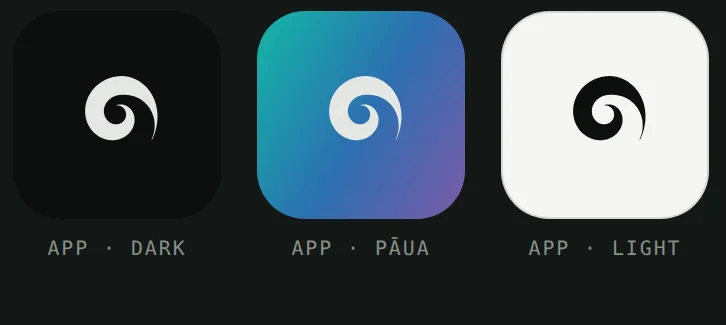 Foresight media kit sheet — app icon trio in dark, pāua, and light