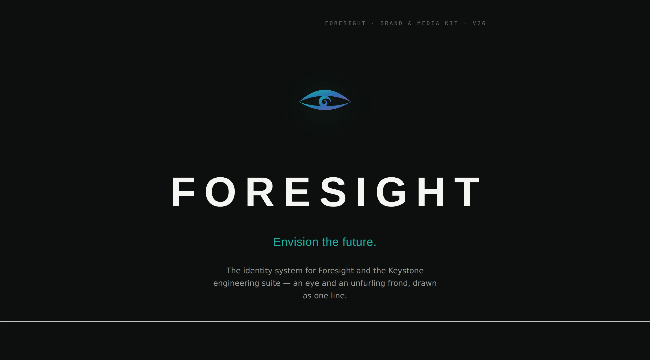 Foresight media kit sheet — hero sheet with lockup, tagline, and koru wave